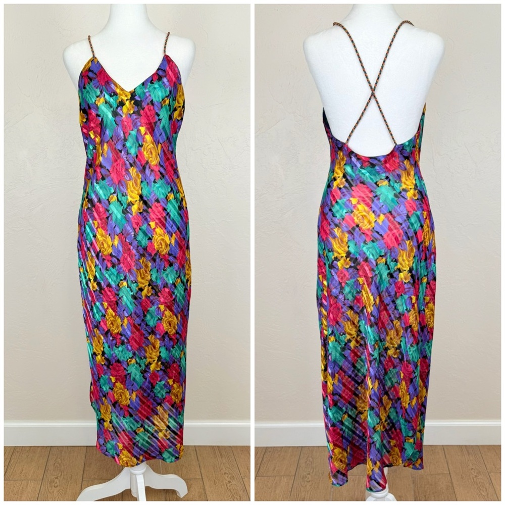 Vintage Sheer Floral Slip Midi Dress w/ Open Back & Crossover Spaghetti Straps M